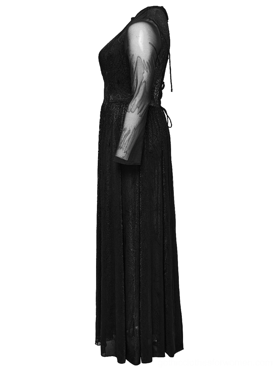 Gothic mesh maxi dress side view on mannequin showing single sheer sleeve, lace-up back and floor-length silhouette
