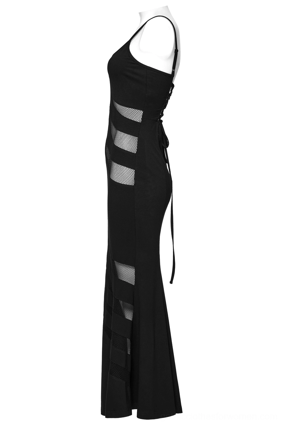 Side view of gothic claw slash mesh dress on mannequin showing mesh cutouts and lace-up corset back panel