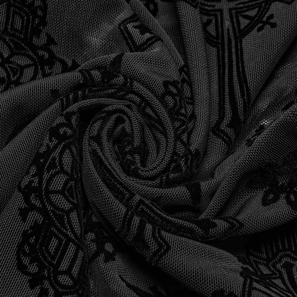 Draped close-up of gothic mesh flare pants showing stretchy sheer mesh, embroidered gothic details, and soft fabric drape