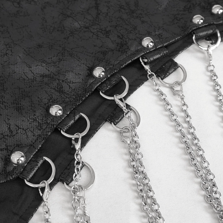 Black gothic mesh fishtail skirt detail shot displaying sheer fabric, chains, buckles, and overall design aesthetic