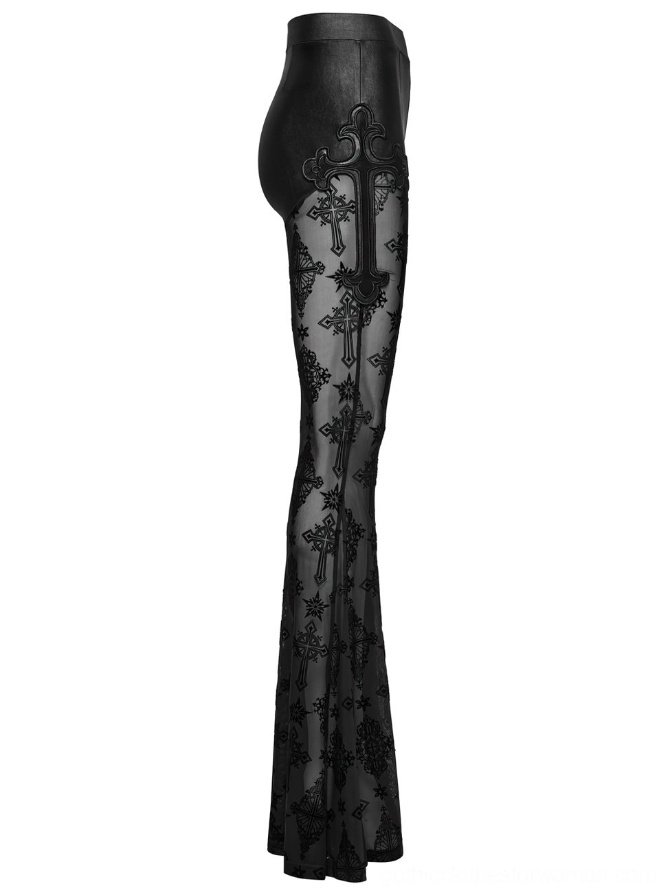 Side view of gothic cross mesh flare pants showing side appliqué detail, slim thigh, and flared hem silhouette