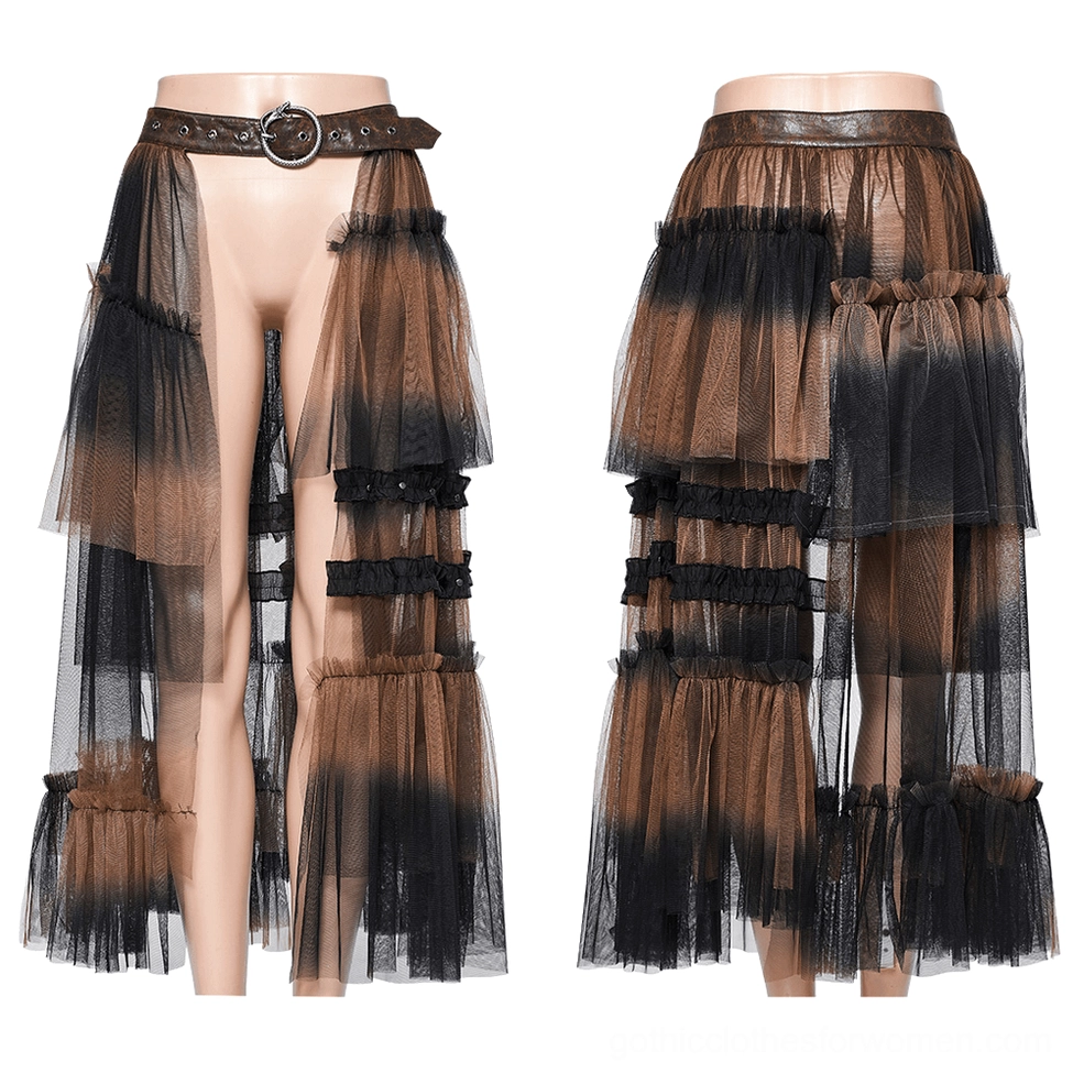 Black and brown layered mesh half skirt displayed on two mannequins, front and back views, asymmetrical split design with dramatic tulle layers and fitted belt