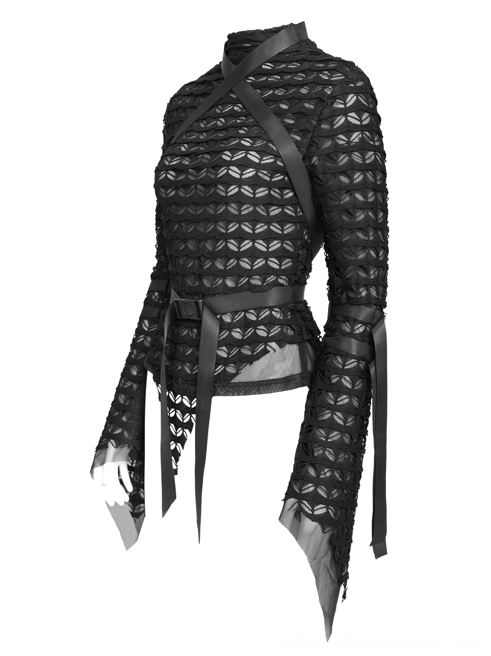 Black gothic cross-strap mesh lace top three-quarter front view on mannequin with waist belt and flared ribbon-trimmed sleeves