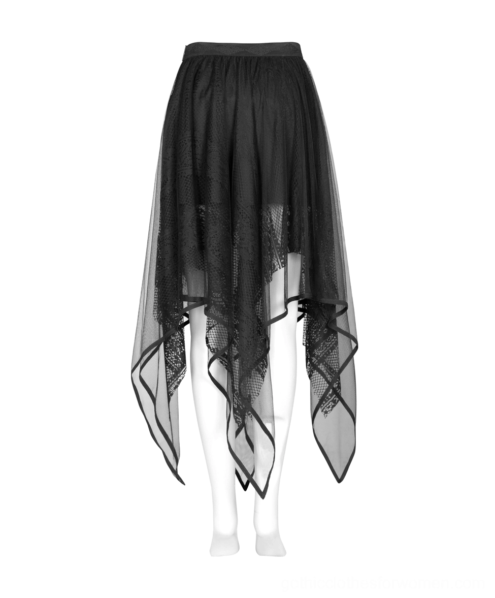 Gothic mesh and lace skirt three-quarter front view on mannequin showing wide waistband and intricate hemline details