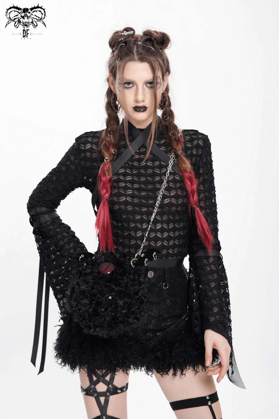 Gothic mesh lace top asymmetrical hem and ribbon trim detail shot product photography