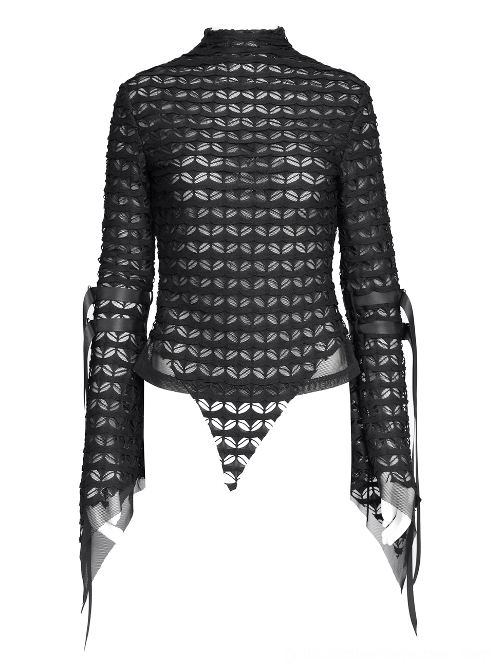 Gothic high neck mesh lace top back static view on mannequin displaying waist strap geometric hollow mesh and flared ribbon sleeves
