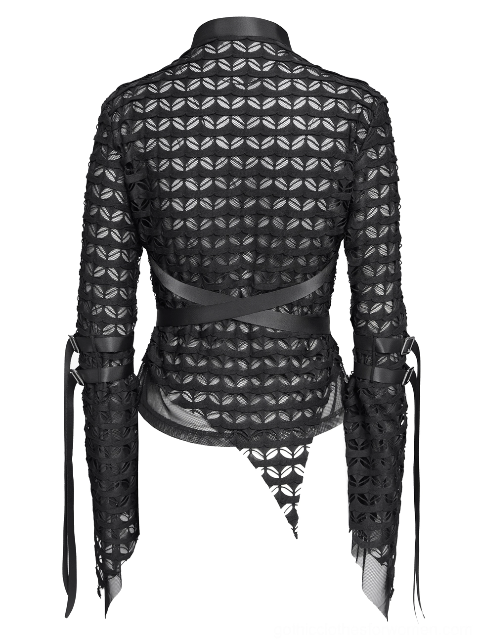 Back view of gothic mesh lace top on mannequin showing waist strap pointed asymmetrical hem and geometric hollow mesh sleeves