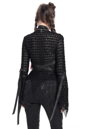 Black gothic mesh top with high neck and waist straps back view showing geometric hollow mesh fabric and ribbon-trimmed sleeves
