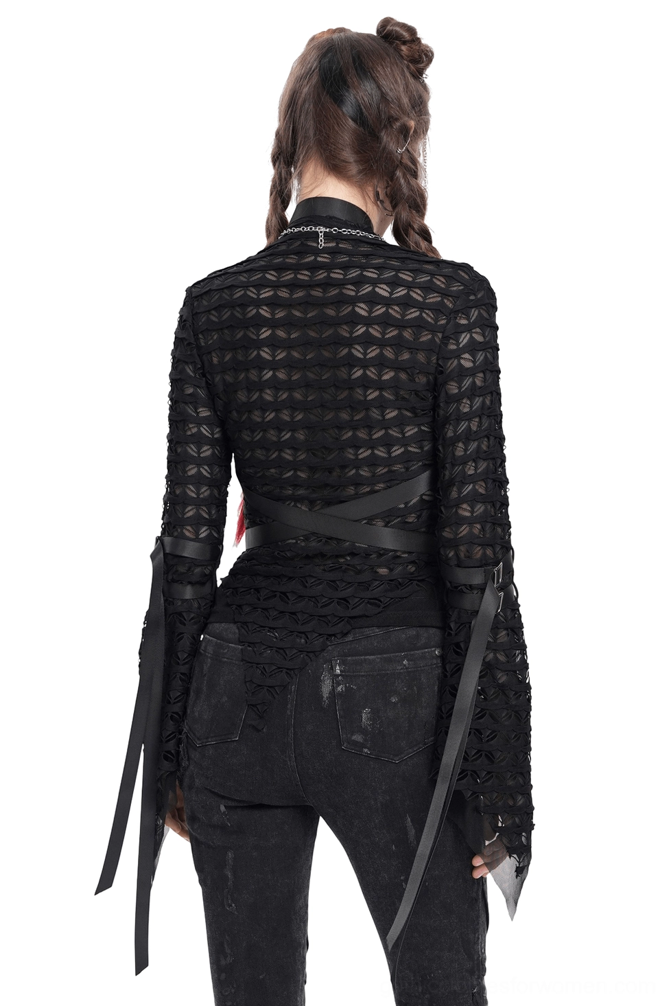 Black gothic mesh top with high neck and waist straps back view showing geometric hollow mesh fabric and ribbon-trimmed sleeves