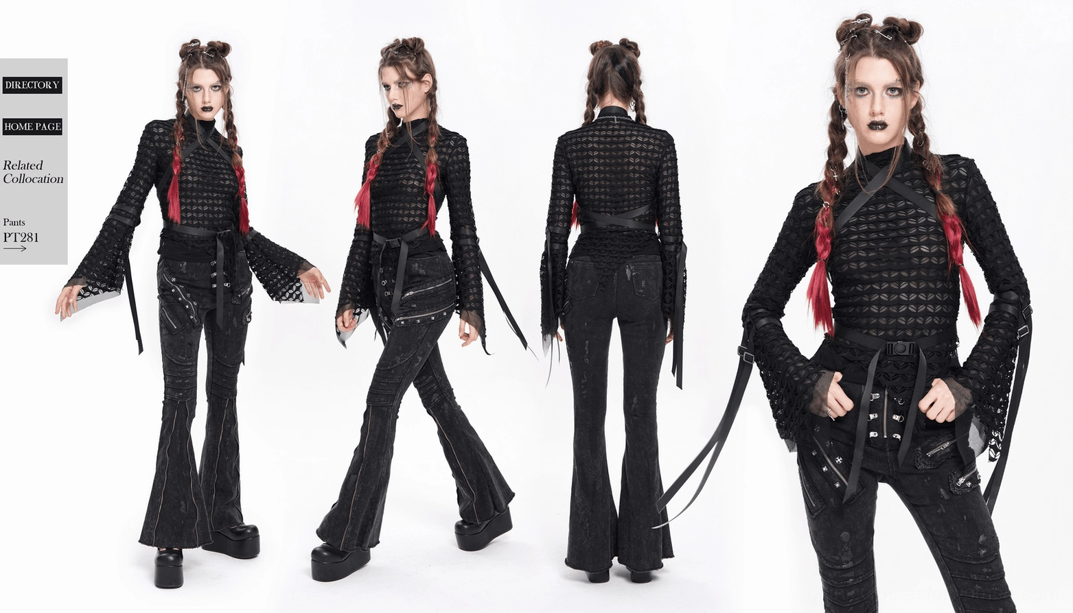 Gothic mesh lace top product final view showcasing all key design elements cross straps belt and flared sleeves