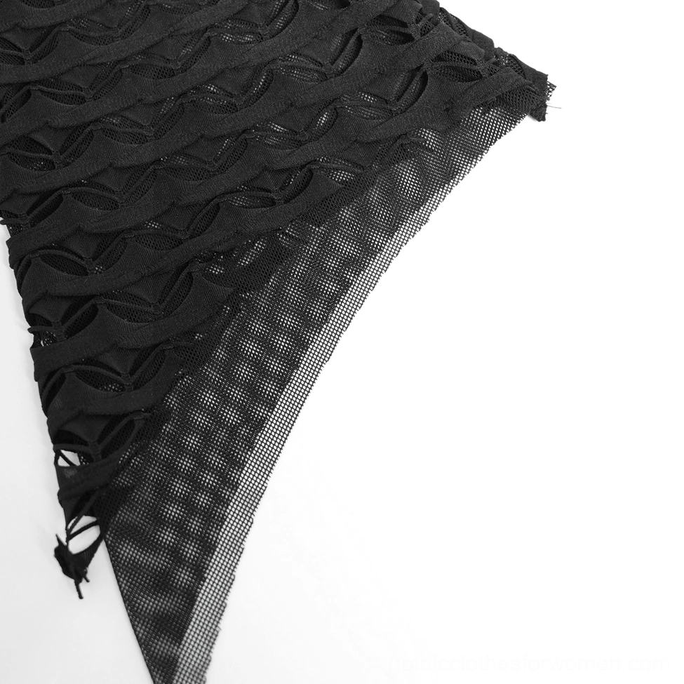 Gothic mesh lace top showing flared ribbon-trimmed sleeve detail and cuff construction
