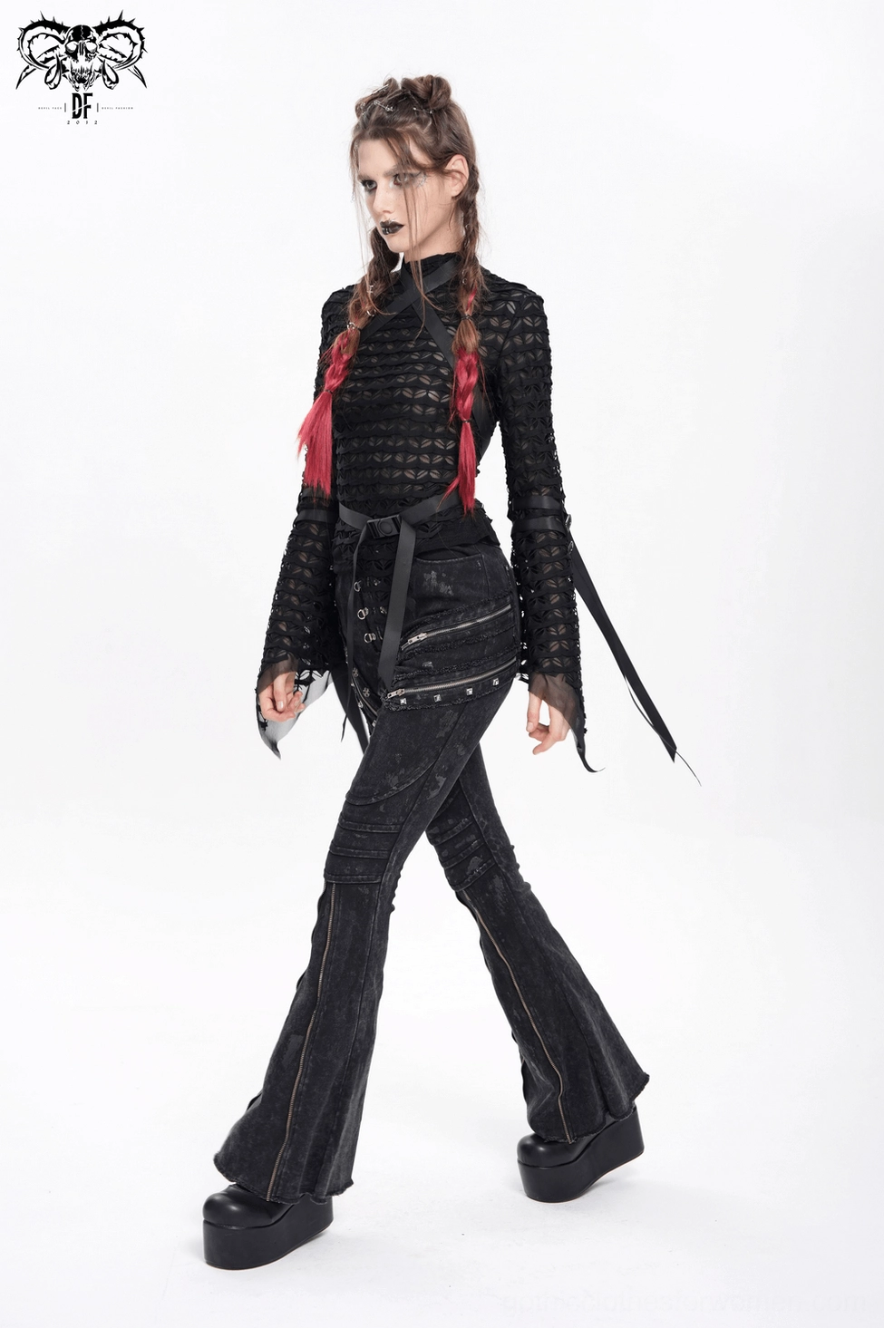 Gothic mesh lace top full length view showing proportions from neck to asymmetrical hem