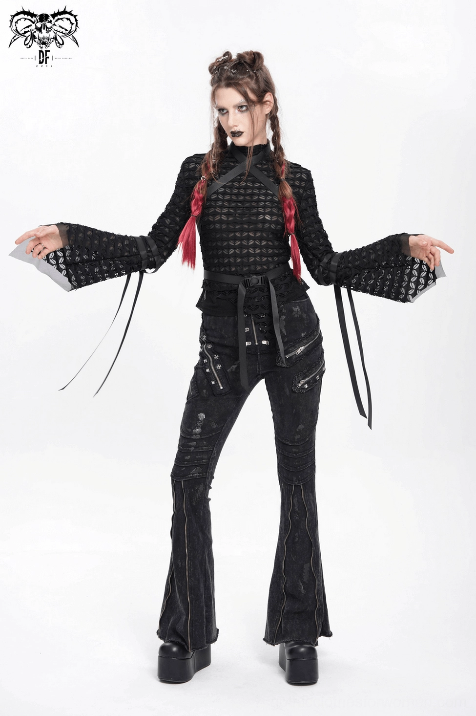 Black gothic mesh lace top side seam and sleeve attachment detail product shot