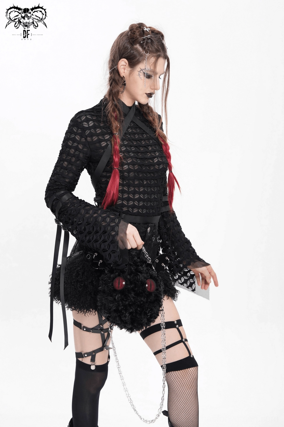 Gothic mesh lace top showing waist strap and mid-torso cross strap placement detail