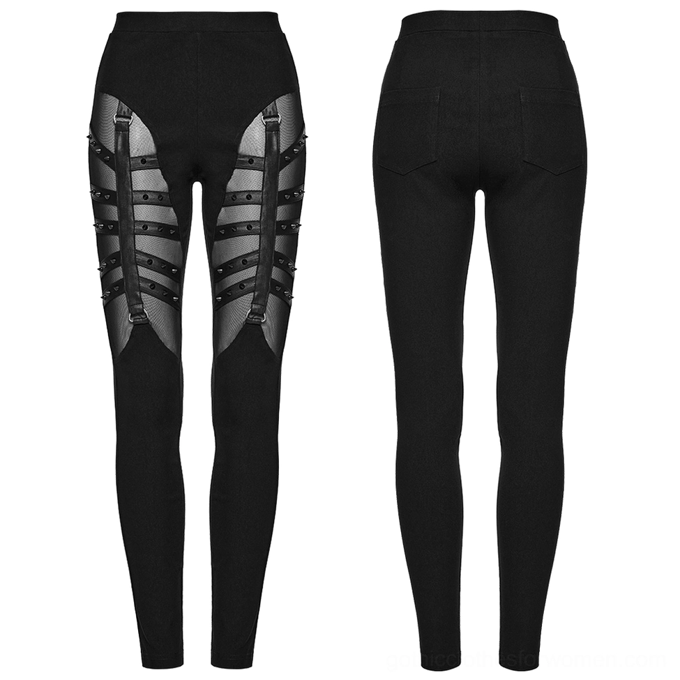 Black mesh studded gothic leggings flat lay front view, skeleton strap panels detail