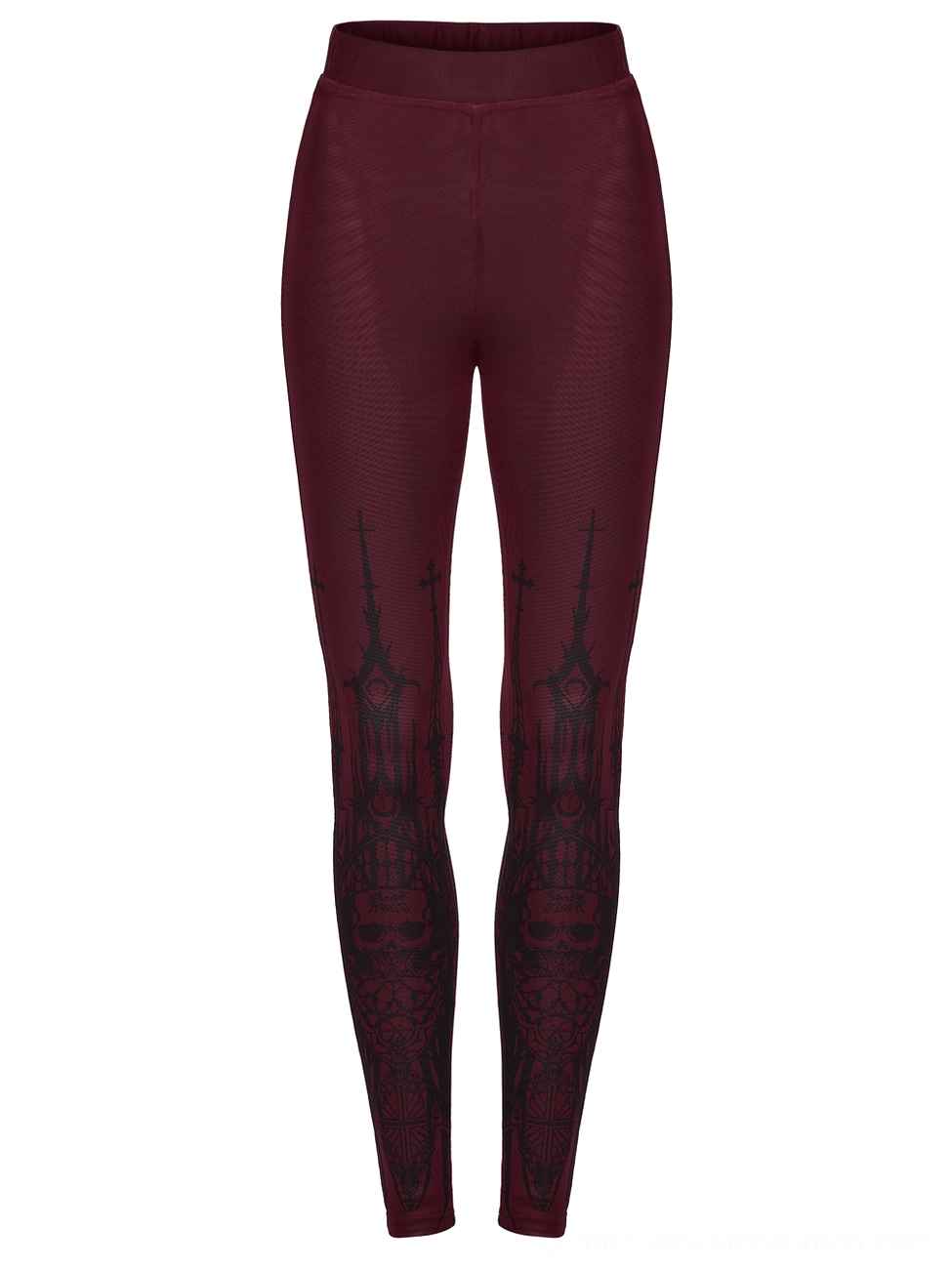 burgundy mesh gothic leggings front flat lay showing church and skull prints