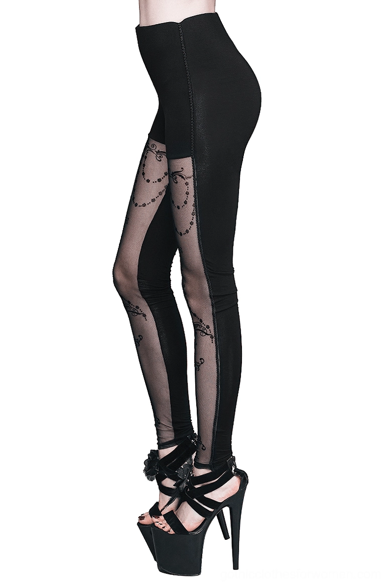 High-waisted black gothic leggings with sheer mesh design, side profile view showing silhouette and elastic waistband on female model