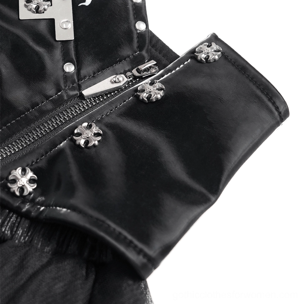 Black gothic maxi skirt full back view with asymmetrical tulle hem and mesh overlay
