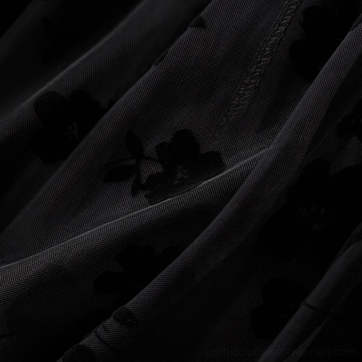 Gothic mesh midi skirt fabric quality showcase, embroidered floral print precision, tulle material close-up
