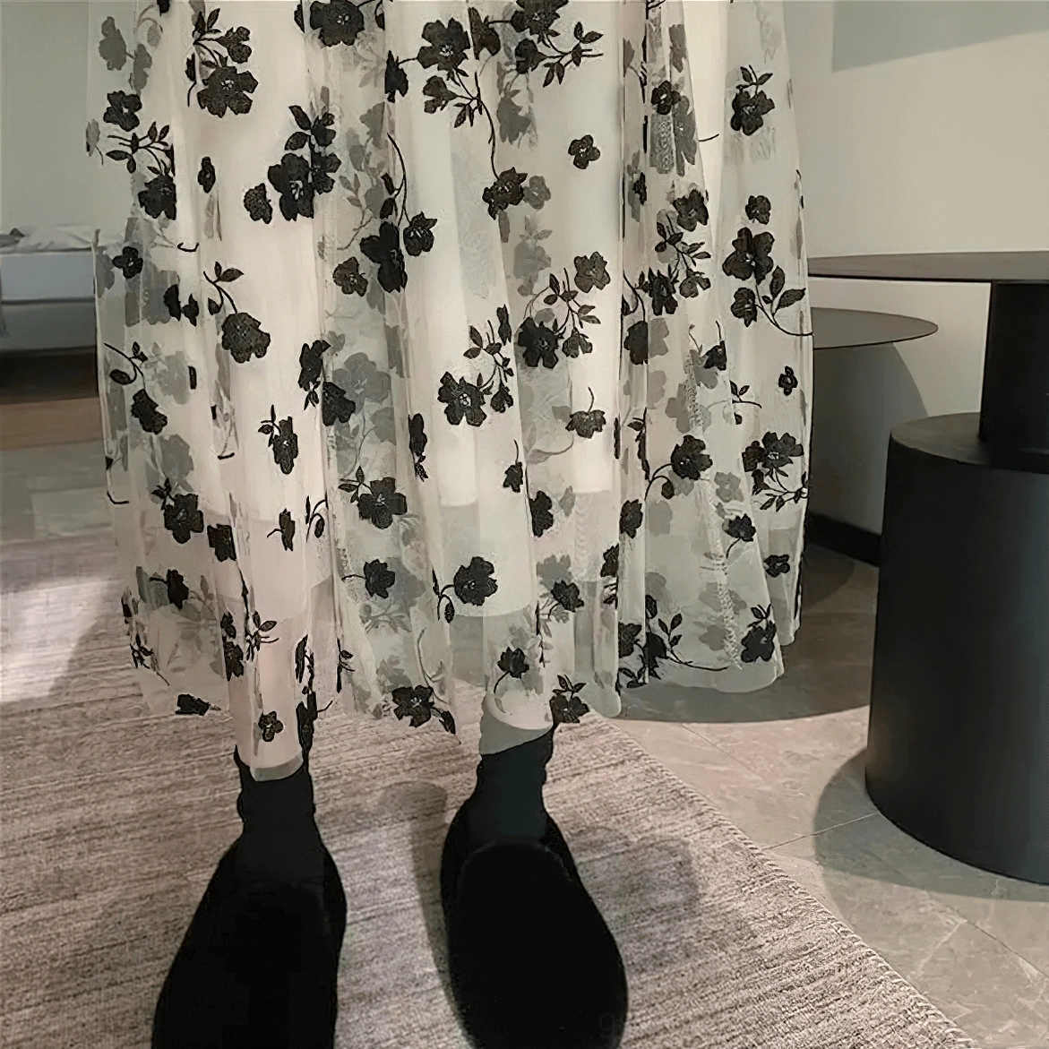 Gothic mesh midi skirt side profile, high waist empire line, floral embroidery, feminine gothic silhouette