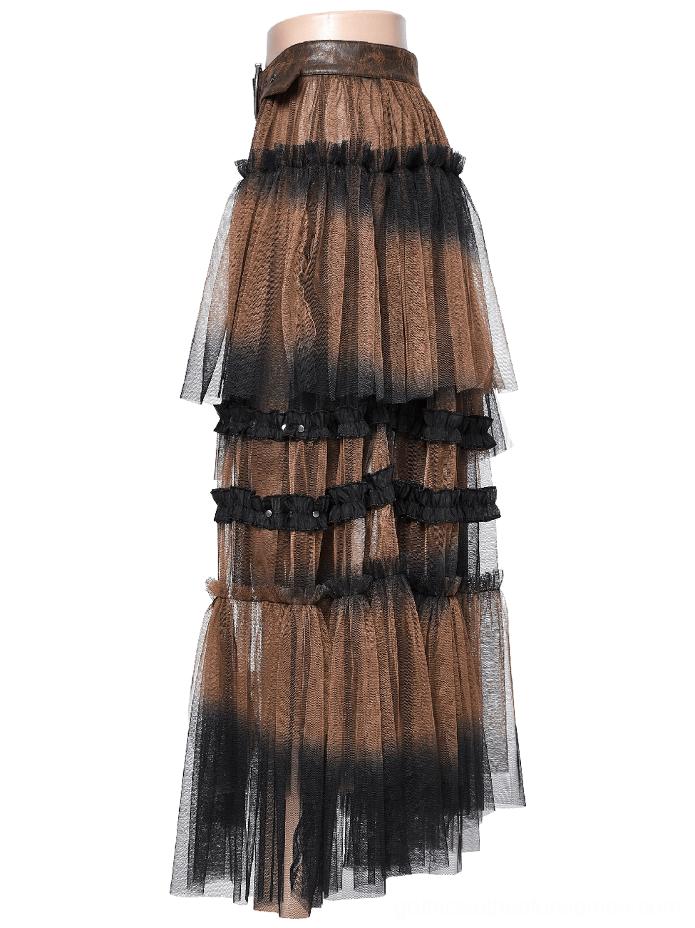 Black and brown tiered mesh midi skirt, back side view on mannequin, multi-layered ruffled hem with cascading transparent tulle effect