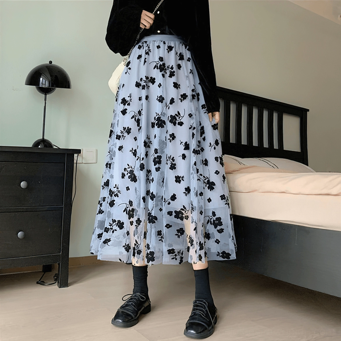 Gothic mesh midi skirt textured tulle fabric close-up, embroidered floral detail, high waist construction