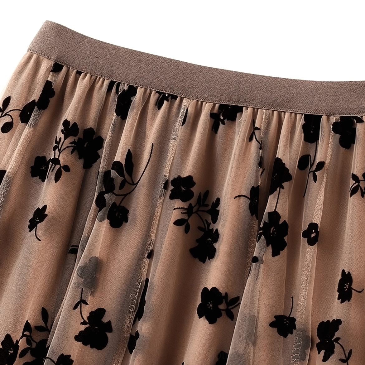 Gothic mesh midi skirt waistband detail, elastic high waist construction, comfortable fit demonstration