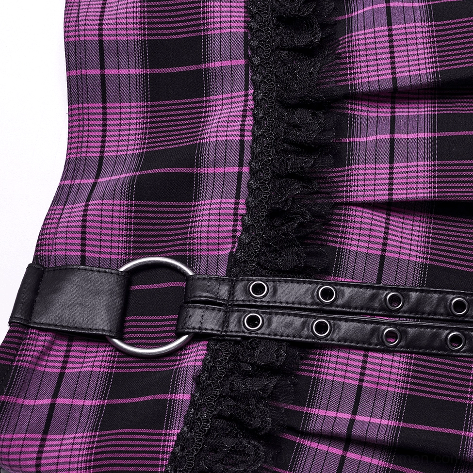 Close-up low-angle detail of purple pleated gothic mesh skirt front and fishnet hem showing pleats and buckle strap construction