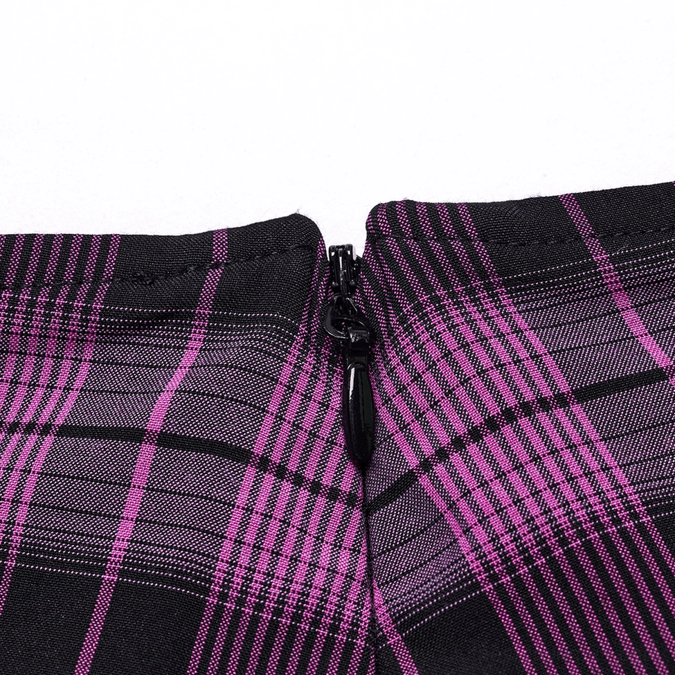 Single mannequin back view of purple pleated gothic mesh mini skirt featuring fishnet hem construction and back details