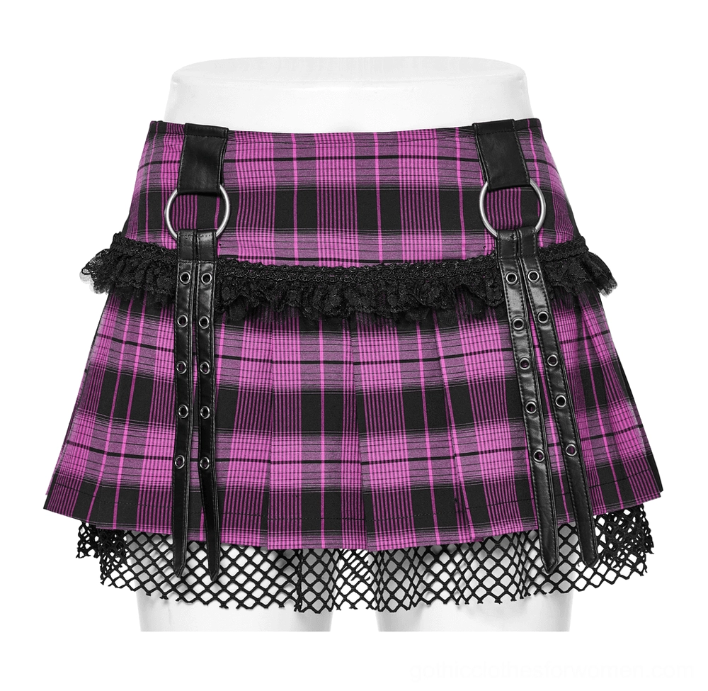 Single mannequin close-up front view of purple pleated gothic mesh skirt showing detailed lace trim and buckle strap hardware