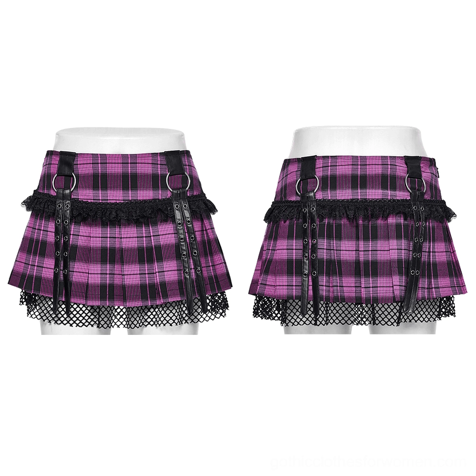 Two mannequins displaying purple pleated gothic mesh mini skirt with lace trim and dual buckle straps, front angle