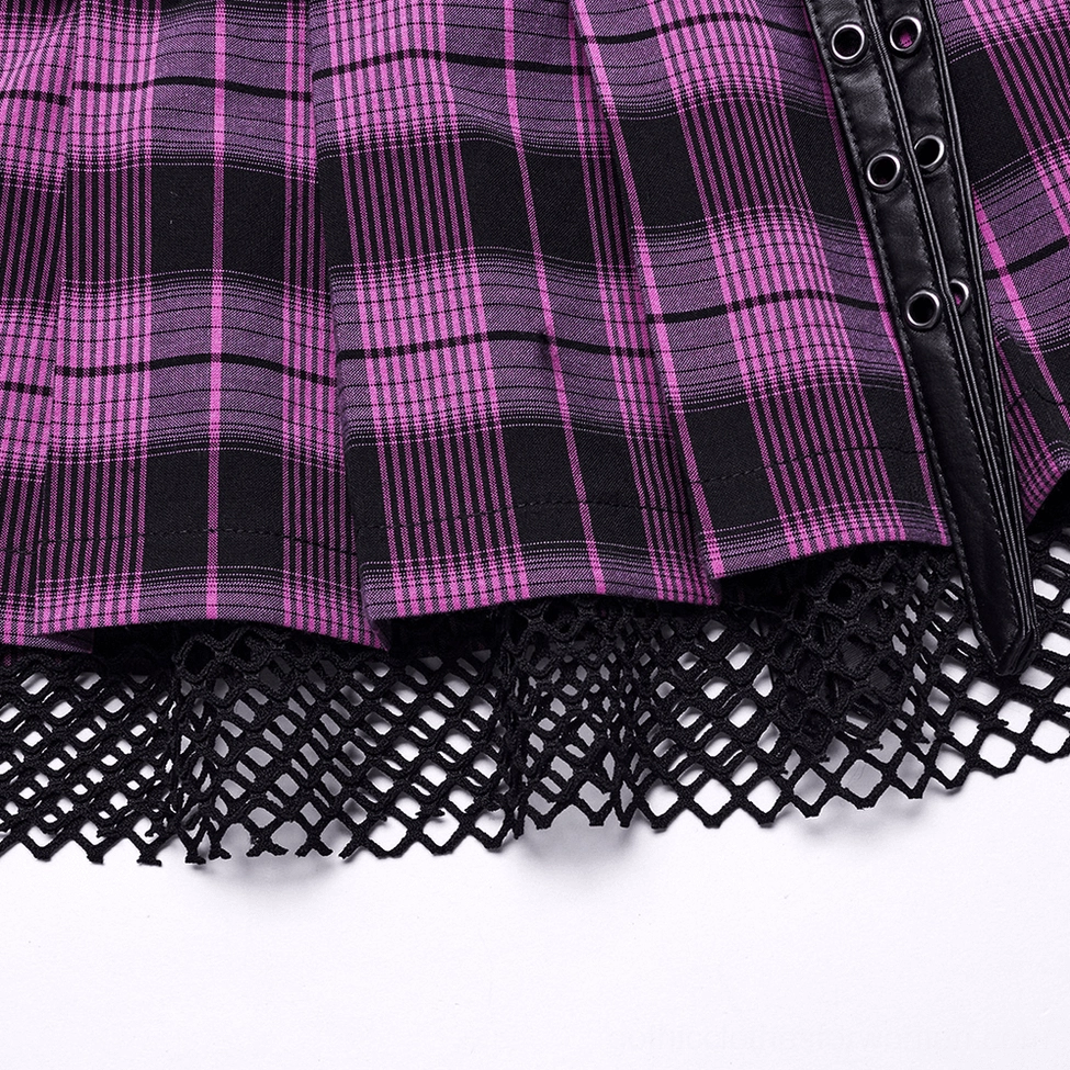 Detailed mannequin view of purple pleated gothic mesh mini skirt emphasizing lace trim, buckle hardware, and overall silhouette