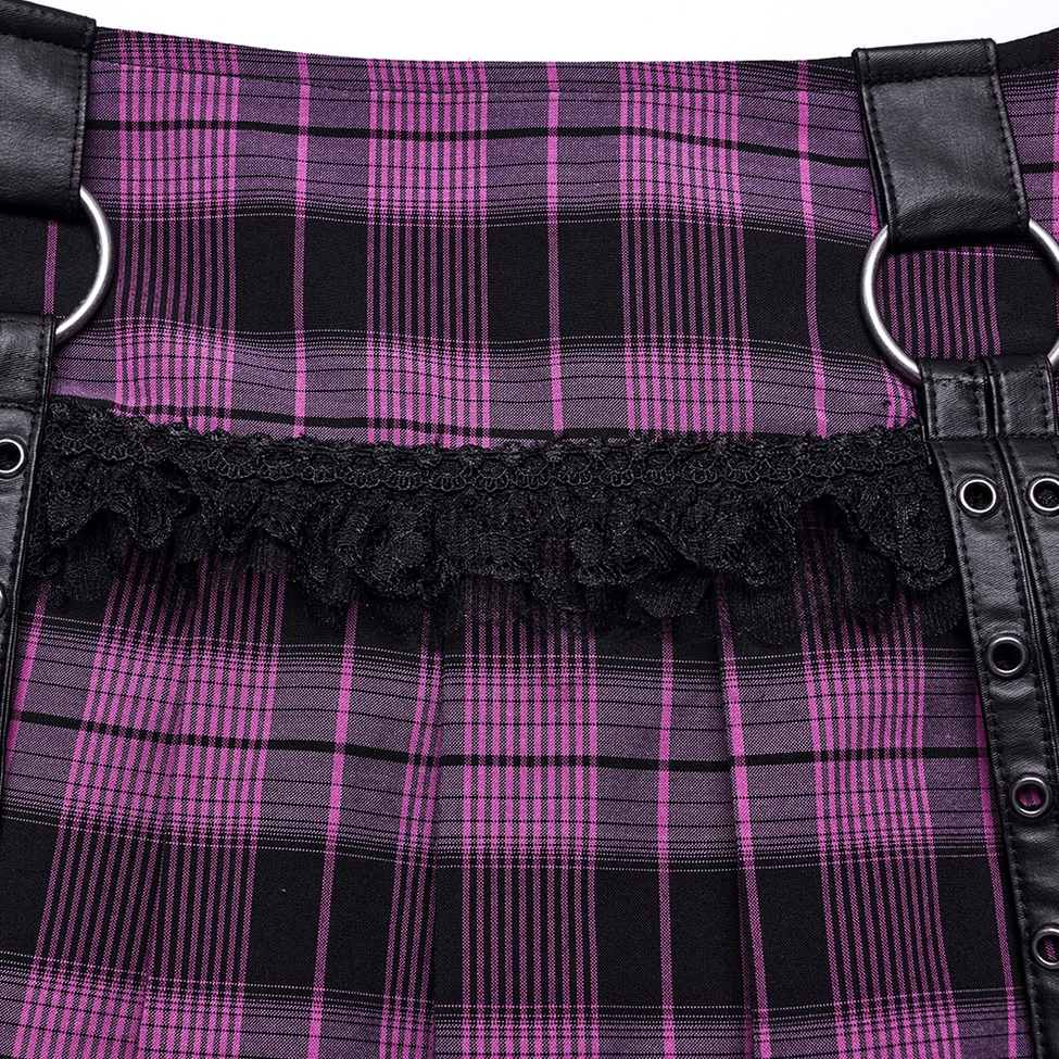 Side close-up detail of purple gothic mesh skirt showing eyelet straps, metal buckle accent, and lace trim edge