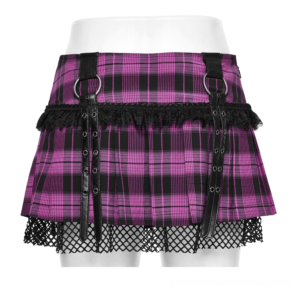 Overhead close-up detail shot of purple gothic mesh skirt waistband showing plaid fabric, metal rings, and lace trim construction