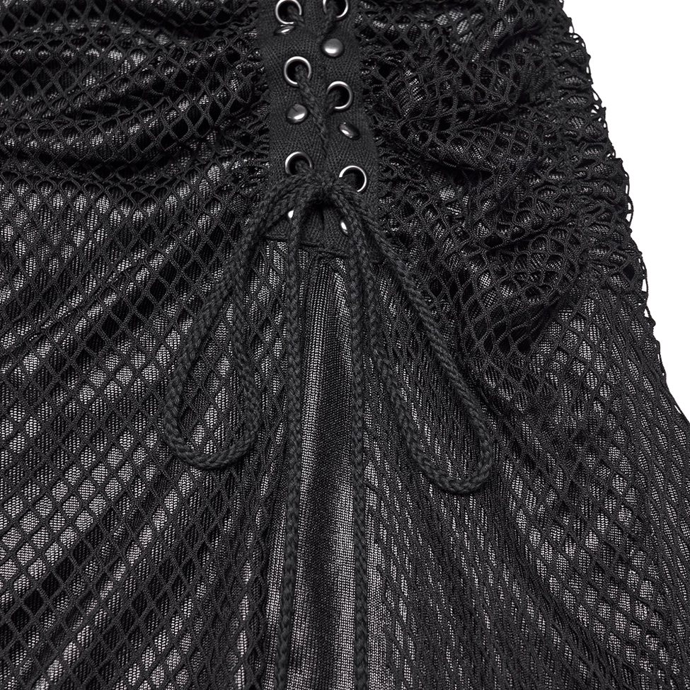 Black fishnet mesh overlay and drawstring tie details close-up on gothic irregular hem skirt