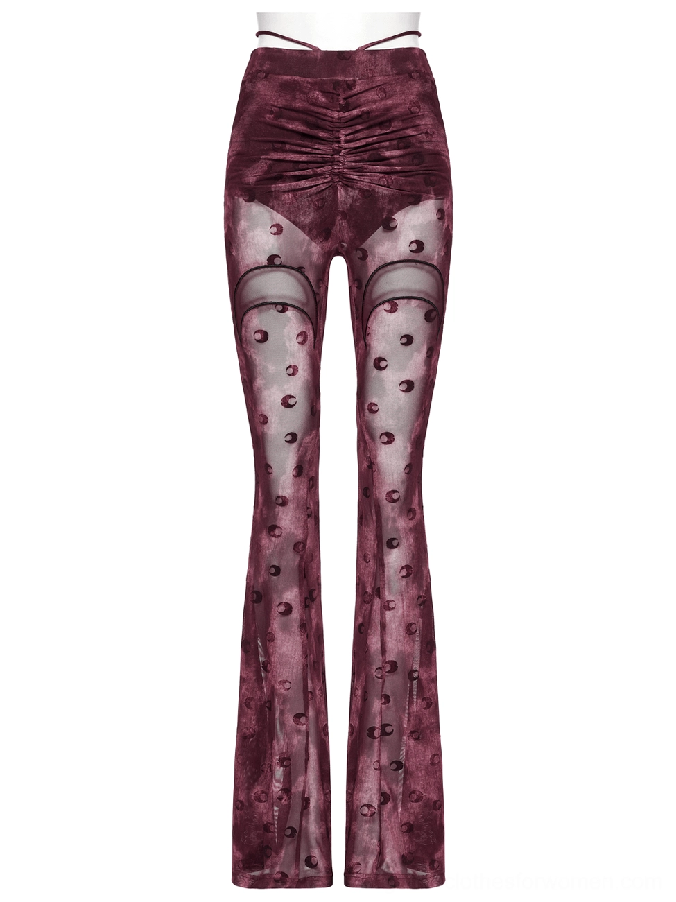 Wine red sheer mesh gothic pants with tie waist strap and crescent moon print flat lay