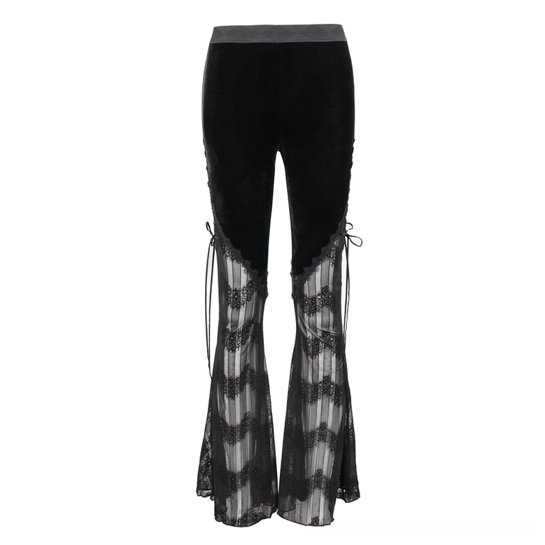 Gothic flared trousers flat lay front view showing side lace-up and all-black construction