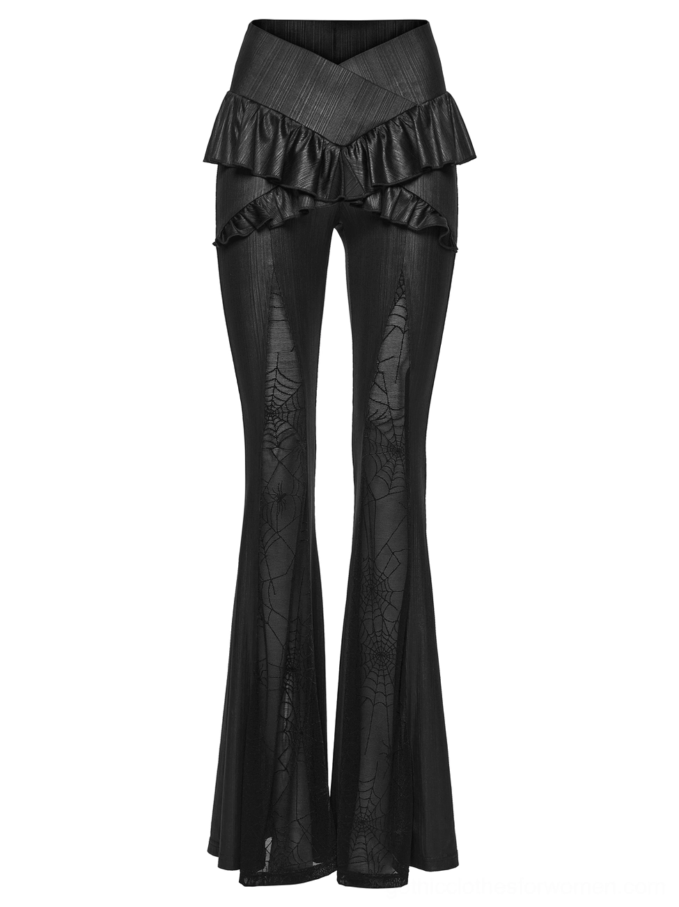 Front flat lay view of black gothic flared pants highlighting spider web mesh inserts and architectural flared silhouette