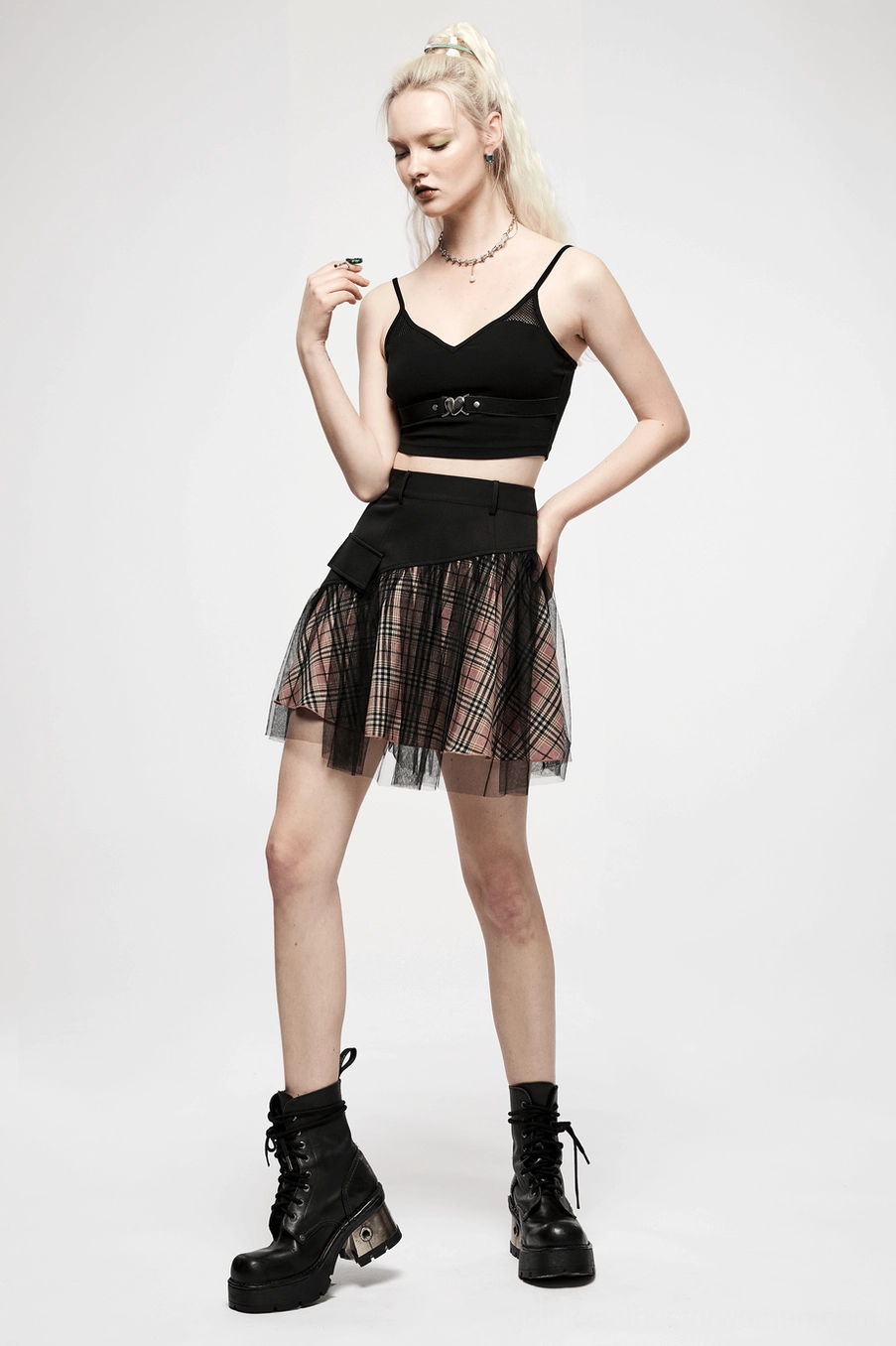 Asymmetrical waist black pink plaid gothic mini skirt with sheer mesh tulle and pocket details