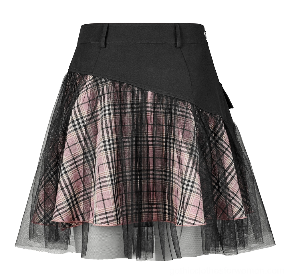 Side angle flat-lay of black pink plaid gothic skirt with side pocket and sheer black tulle overlay