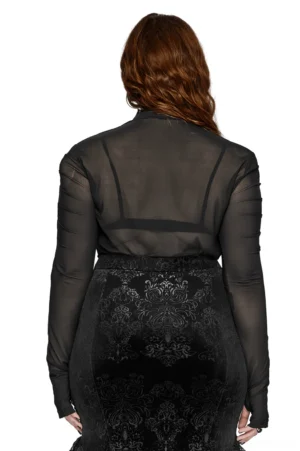 Gothic sheer mesh long sleeve top back view showing transparent mesh construction and fitted silhouette