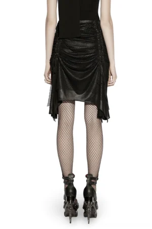 Black gothic mesh ruched skirt rear view showing asymmetric drawstring hem and fishnet tights