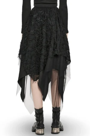 Gothic ripped mesh skirt rear view featuring layered construction with sheer mesh underlayer and irregular frayed hemline