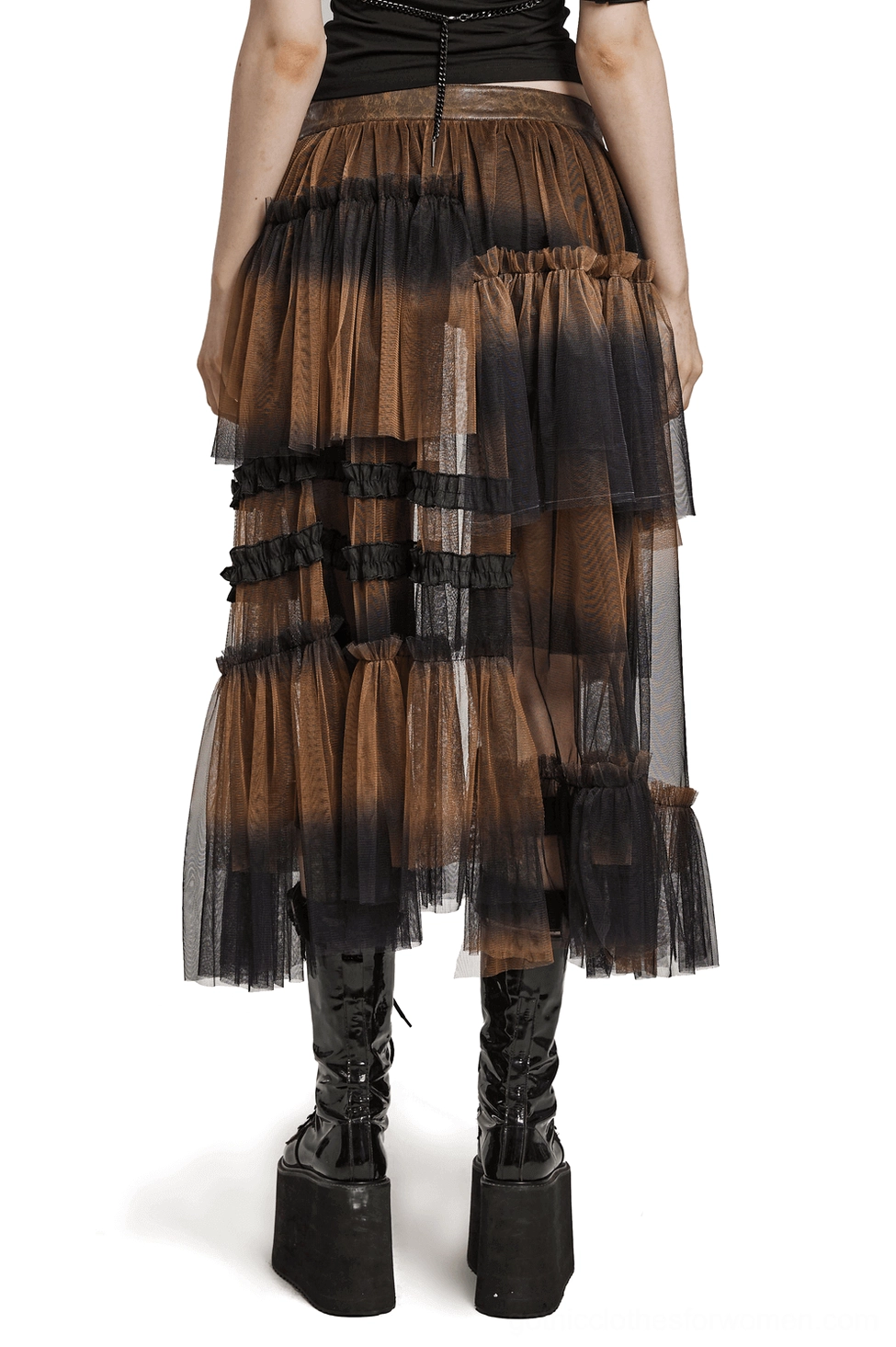 Tiered black mesh half skirt with belt, back view on model, showing multi-layered ruffle construction and cascading tulle design with brown-black ombre effect