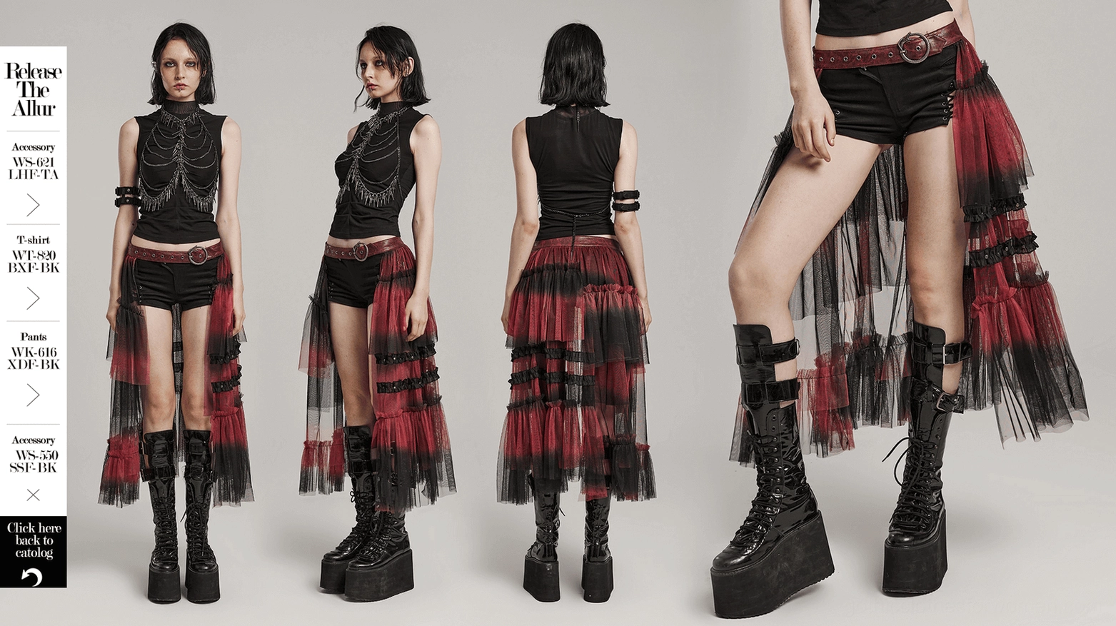 Gradient mesh gothic half skirt with punk belt worn on model showing complete styling ensemble
