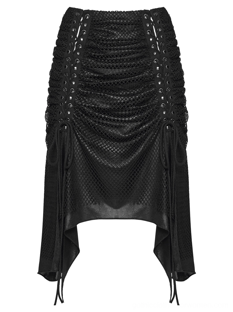 Black gothic mesh skirt flat lay showing ruched mesh overlay and design details