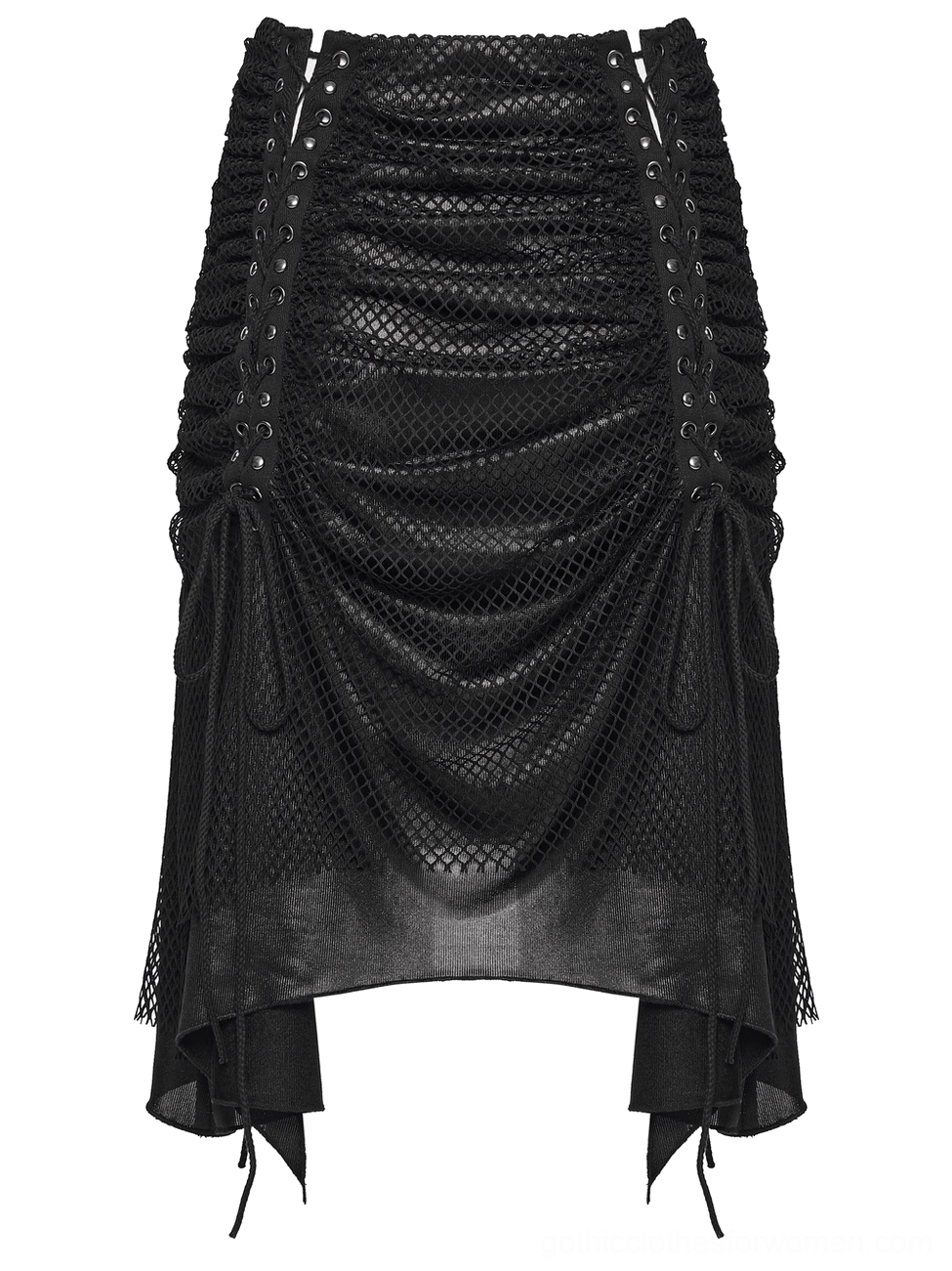 Black gothic irregular high-low hem mesh skirt flat lay showing mesh overlay and construction