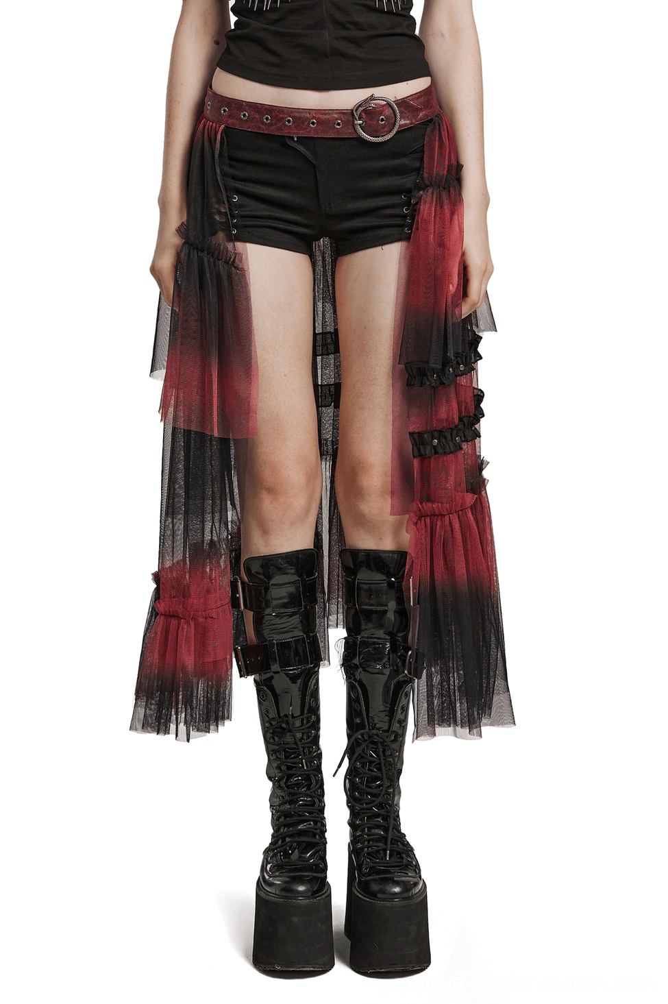 Black-red gradient mesh gothic half skirt with punk crackled leather belt front view on model