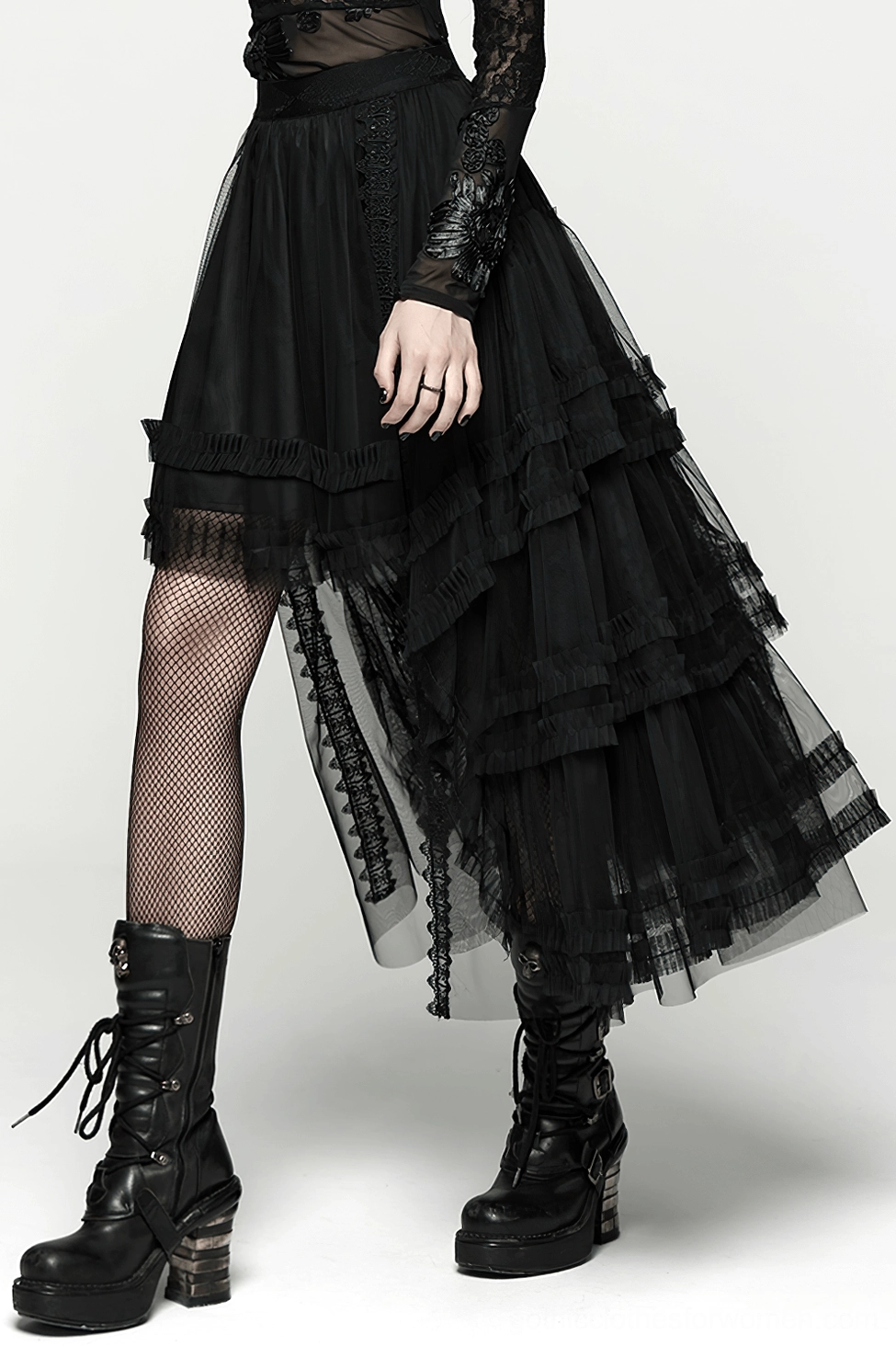 Black gothic high-low mesh skirt with removable steel waist structure showing construction and detachable components