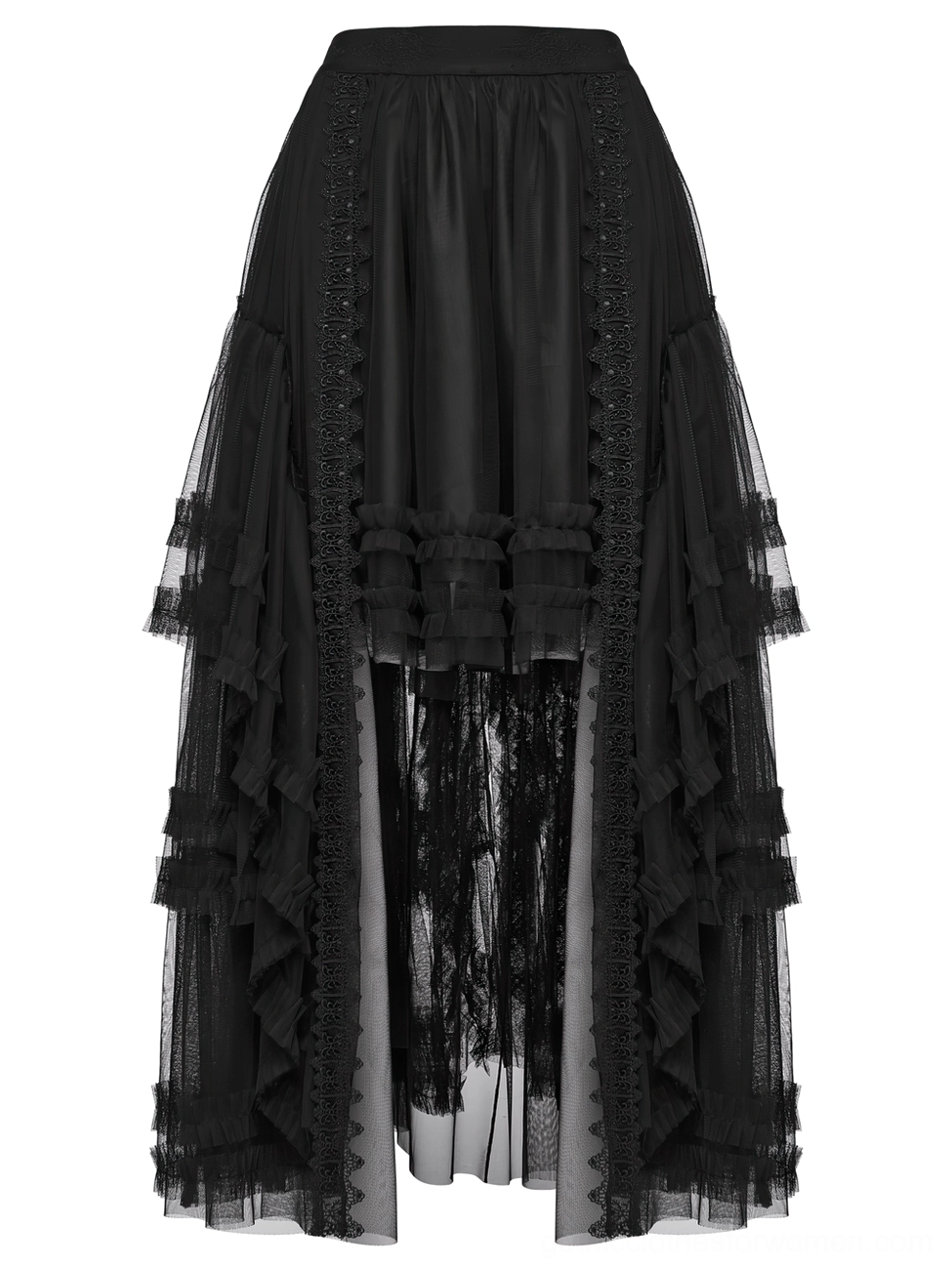 Black gothic layered mesh skirt side flat lay view showing tiered ruffled tulle panels and long back sheer design